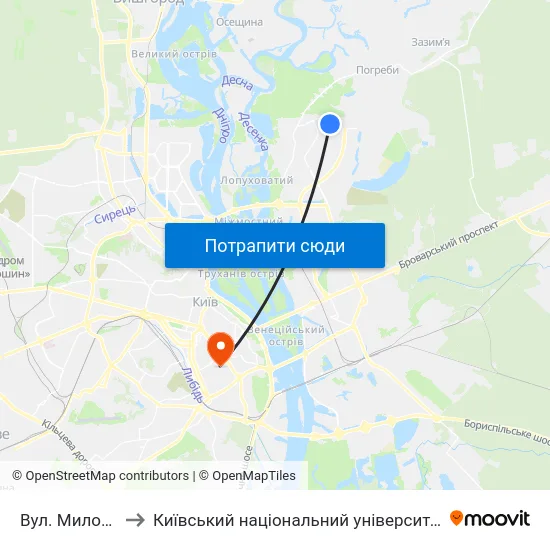 Вул. Милославська to Київський національний університет культури і мистецтв map