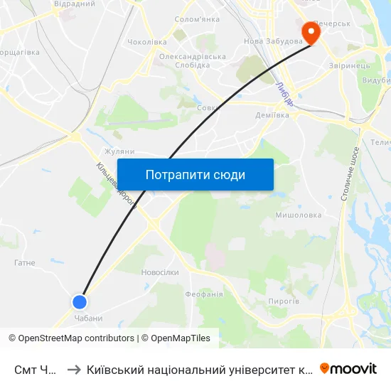 Смт Чабани to Київський національний університет культури і мистецтв map