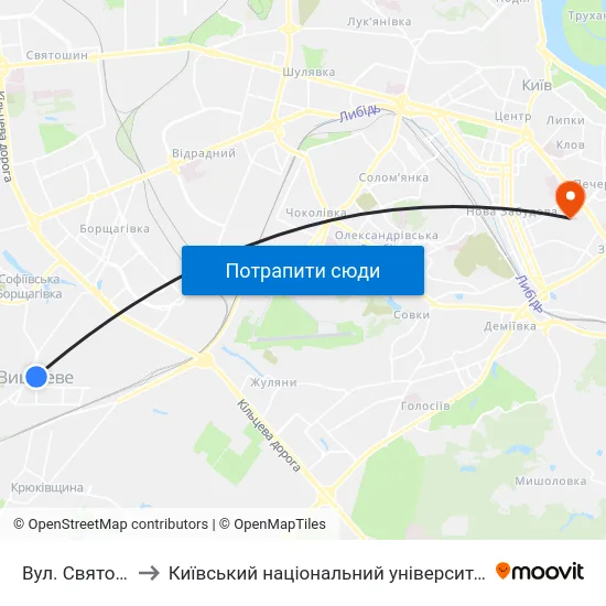 Вул. Святошинська to Київський національний університет культури і мистецтв map