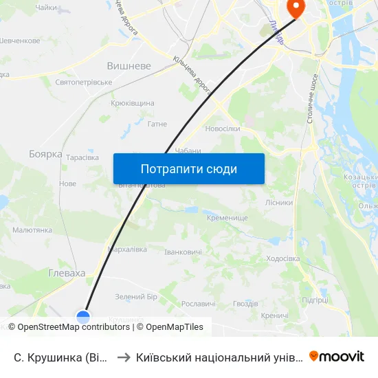 С. Крушинка (Військова Частина) to Київський національний університет культури і мистецтв map