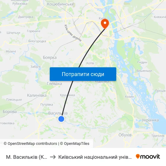 М. Васильків (Комісарова Гора) to Київський національний університет культури і мистецтв map