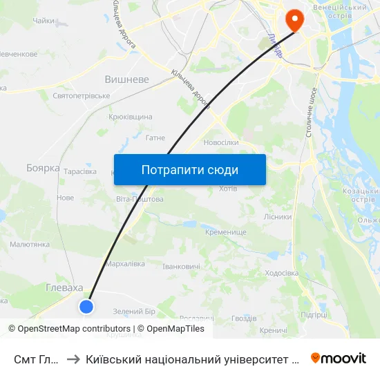 Смт Глеваха to Київський національний університет культури і мистецтв map