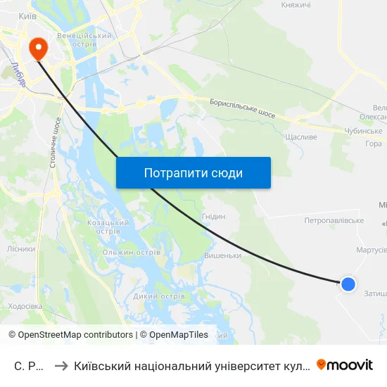 С. Ревне to Київський національний університет культури і мистецтв map