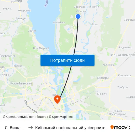 С. Вища Дубечня to Київський національний університет культури і мистецтв map