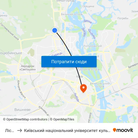 Лісова to Київський національний університет культури і мистецтв map