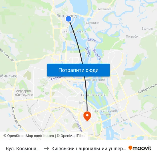 Вул. Космонавта Поповича to Київський національний університет культури і мистецтв map