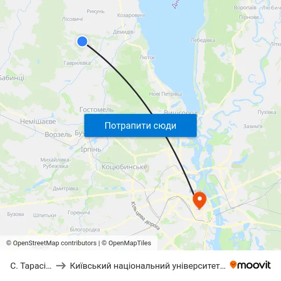 С. Тарасівщина to Київський національний університет культури і мистецтв map