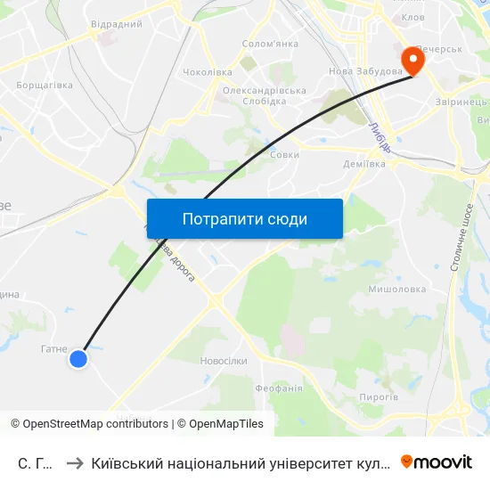 С. Гатне to Київський національний університет культури і мистецтв map