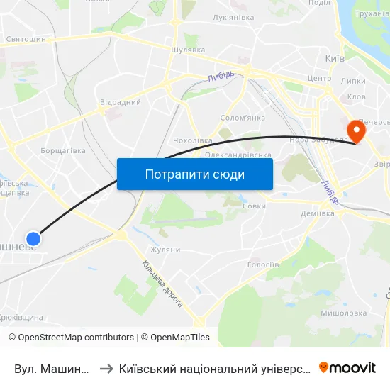 Вул. Машинобудівників to Київський національний університет культури і мистецтв map