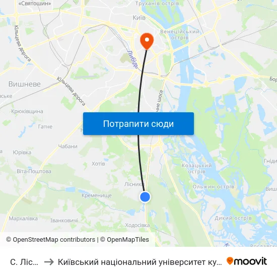 С. Лісники to Київський національний університет культури і мистецтв map