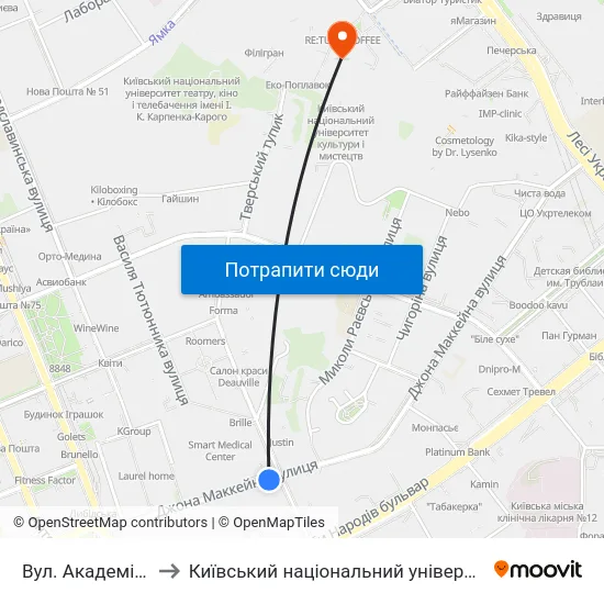 Вул. Академіка Філатова to Київський національний університет культури і мистецтв map