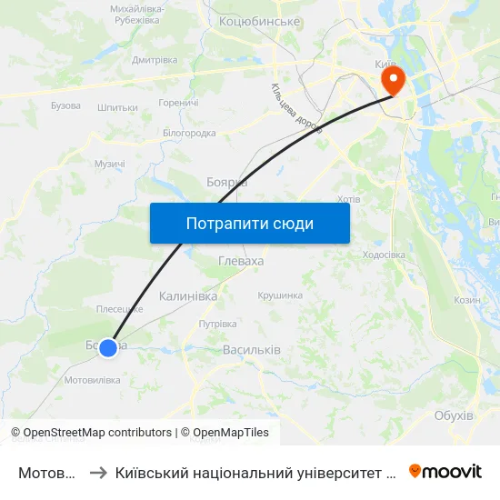 Мотовилівка to Київський національний університет культури і мистецтв map