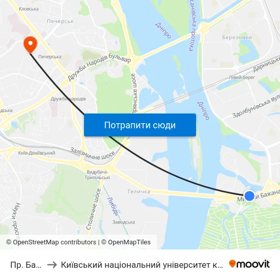 Пр. Бажана to Київський національний університет культури і мистецтв map