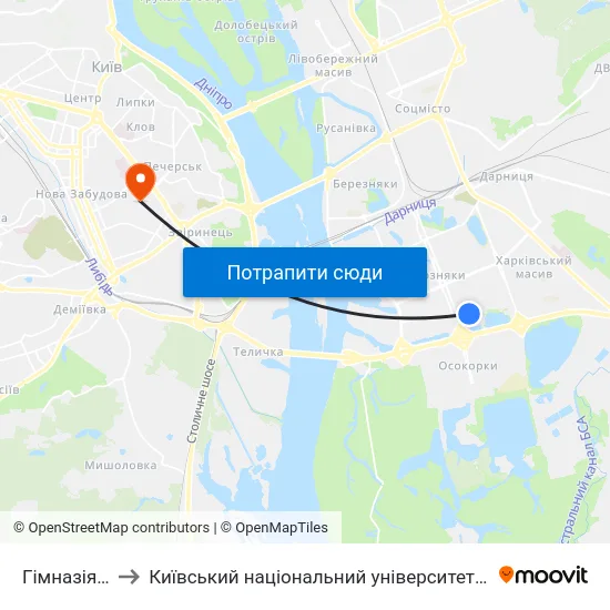 Гiмназiя №315 to Київський національний університет культури і мистецтв map