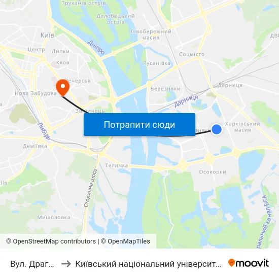 Вул. Драгоманова to Київський національний університет культури і мистецтв map
