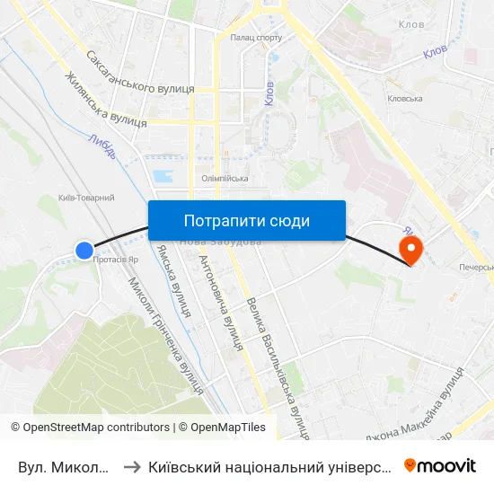 Вул. Миколи Грінченка to Київський національний університет культури і мистецтв map