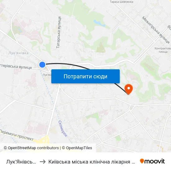 Лук'Янівська to Київська міська клінічна лікарня №2 map
