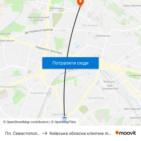 Пл. Севастопольська to Київська обласна клінічна лікарня №1 map