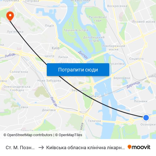Ст. М. Позняки to Київська обласна клінічна лікарня №1 map