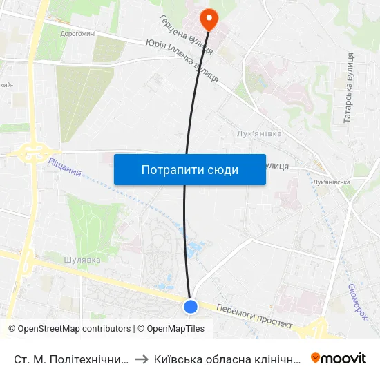 Ст. М. Політехнічний Інститут to Київська обласна клінічна лікарня №1 map