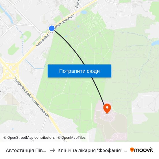 Автостанція Південна to Клінічна лікарня "Феофанія" 1 корпус map