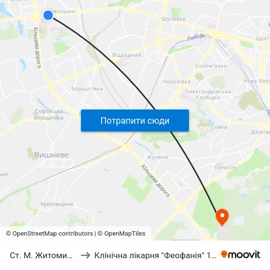 Ст. М. Житомирська to Клінічна лікарня "Феофанія" 1 корпус map