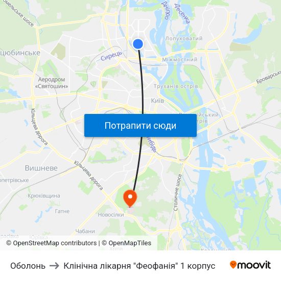 Оболонь to Клінічна лікарня "Феофанія" 1 корпус map