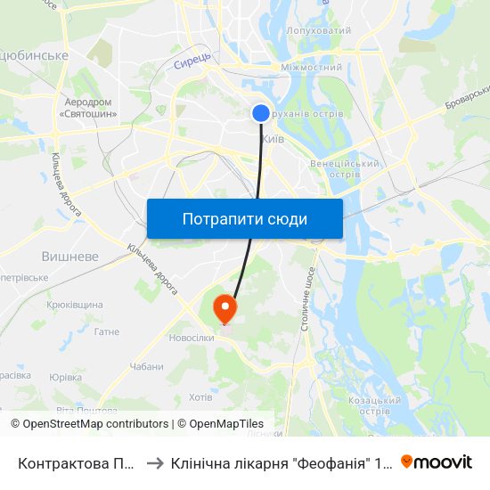Контрактова Площа to Клінічна лікарня "Феофанія" 1 корпус map