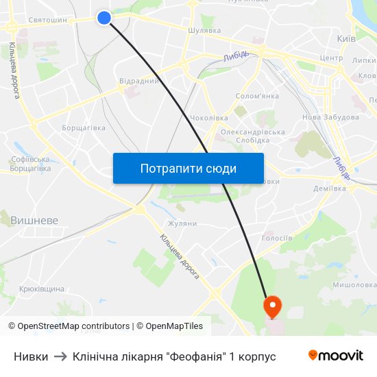 Нивки to Клінічна лікарня "Феофанія" 1 корпус map