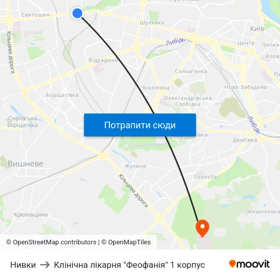 Нивки to Клінічна лікарня "Феофанія" 1 корпус map