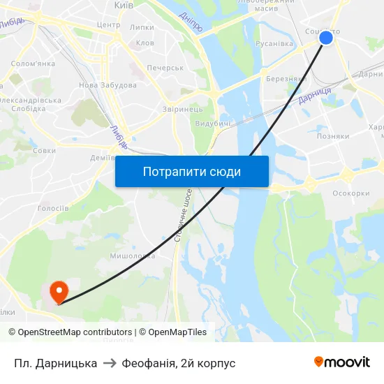 Пл. Дарницька to Феофанія, 2й корпус map
