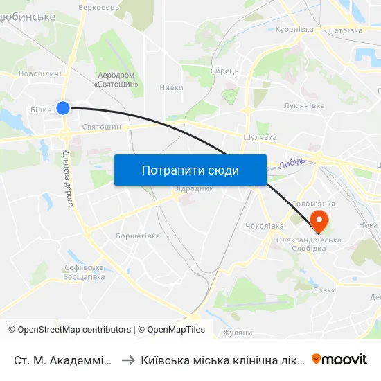 Ст. М. Академмістечко to Київська міська клінічна лікарня №4 map
