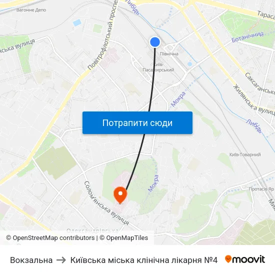 Вокзальна to Київська міська клінічна лікарня №4 map