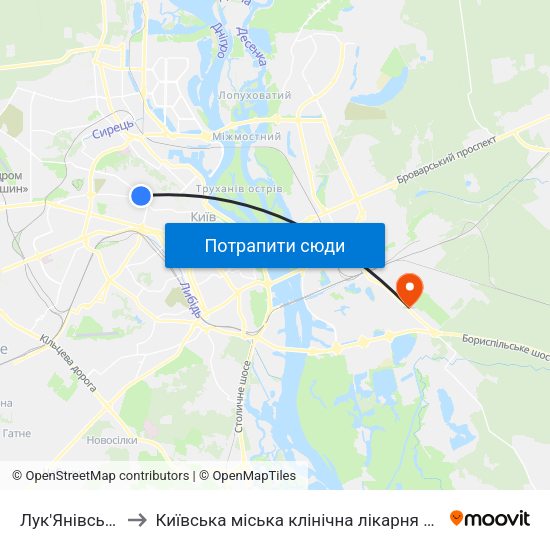 Лук'Янівська to Київська міська клінічна лікарня №1 map
