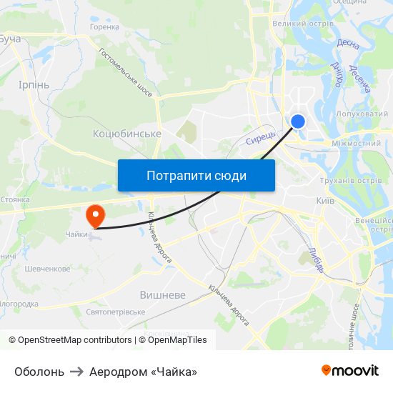 Оболонь to Аеродром «Чайка» map