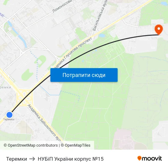 Теремки to НУБіП України корпус №15 map