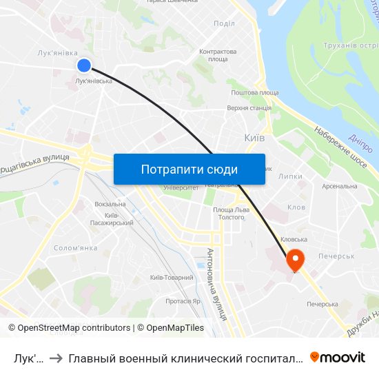 Лук'Янівська to Главный военный клинический госпиталь.Отделение функциональной диагностики и кардиологии. map