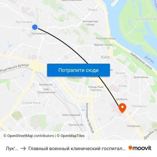 Лук'Янівська to Главный военный клинический госпиталь.Отделение функциональной диагностики и кардиологии. map