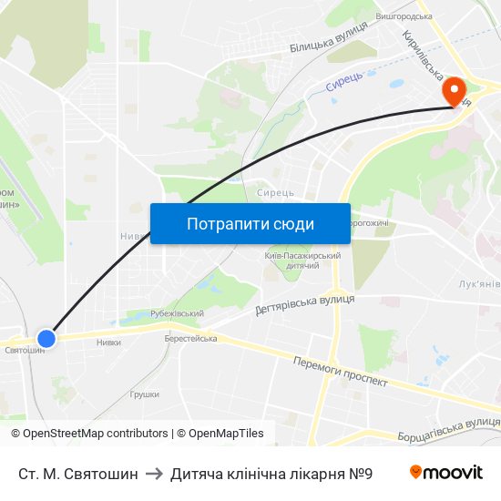 Ст. М. Святошин to Дитяча клінічна лікарня №9 map