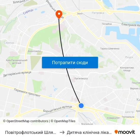 Повітрофлотський Шляхопровід to Дитяча клінічна лікарня №9 map