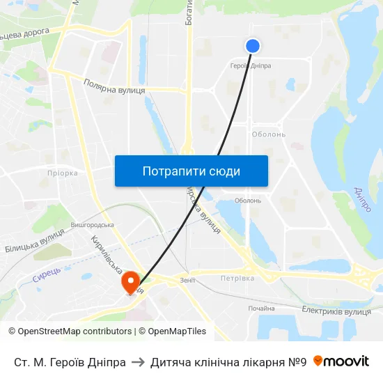 Ст. М. Героїв Дніпра to Дитяча клінічна лікарня №9 map