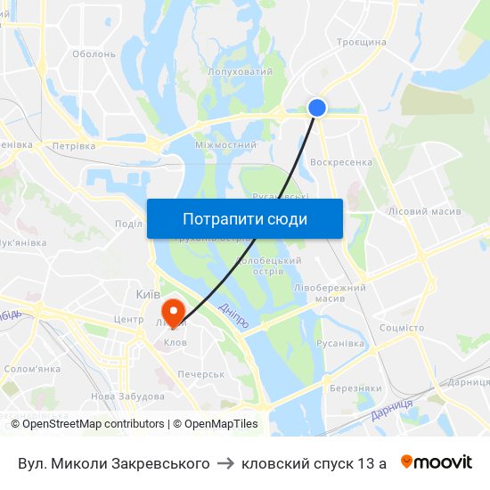 Вул. Миколи Закревського to кловский спуск 13 а map