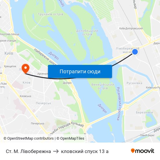 Ст. М. Лівобережна to кловский спуск 13 а map