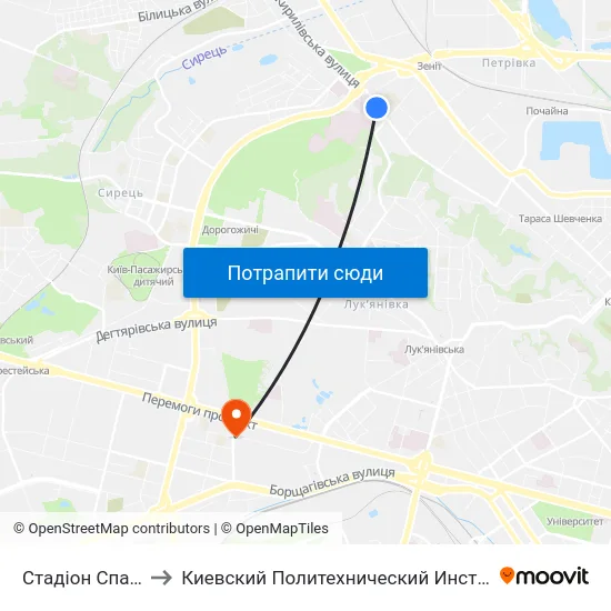 Стадіон Спартак to Киевский Политехнический Институт КПИ map