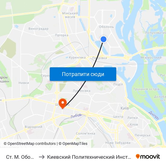 Ст. М. Оболонь to Киевский Политехнический Институт КПИ map