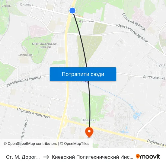 Ст. М. Дорогожичі to Киевский Политехнический Институт КПИ map