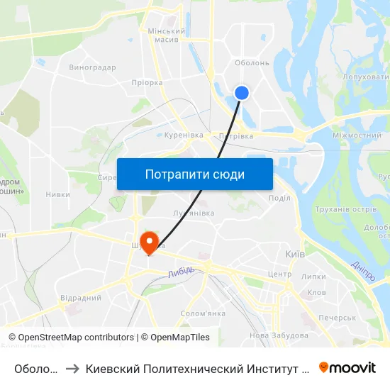 Оболонь to Киевский Политехнический Институт КПИ map