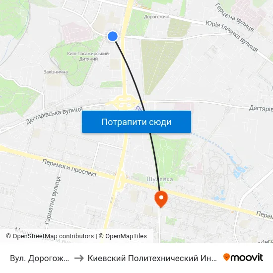 Вул. Дорогожицька to Киевский Политехнический Институт КПИ map