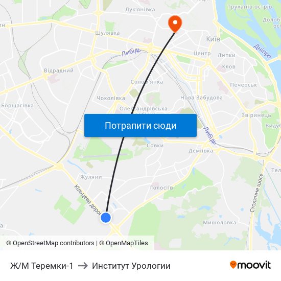 Ж/М Теремки-1 to Институт Урологии map
