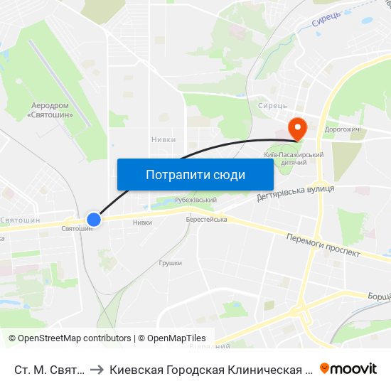 Ст. М. Святошин to Киевская Городская Клиническая больница №9 map